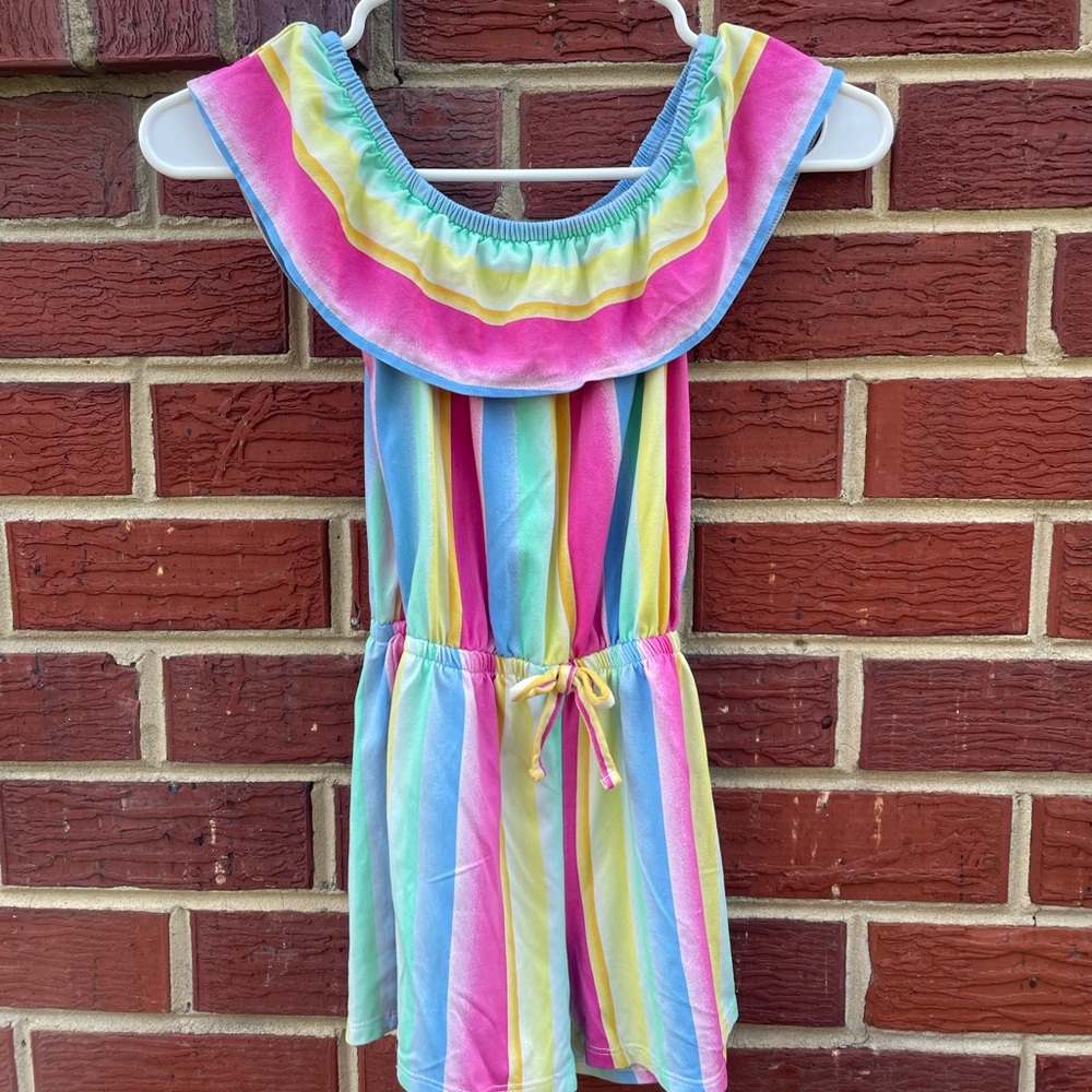 Pink and Yellow Striped Jumpsuit with Ruffled Neckline